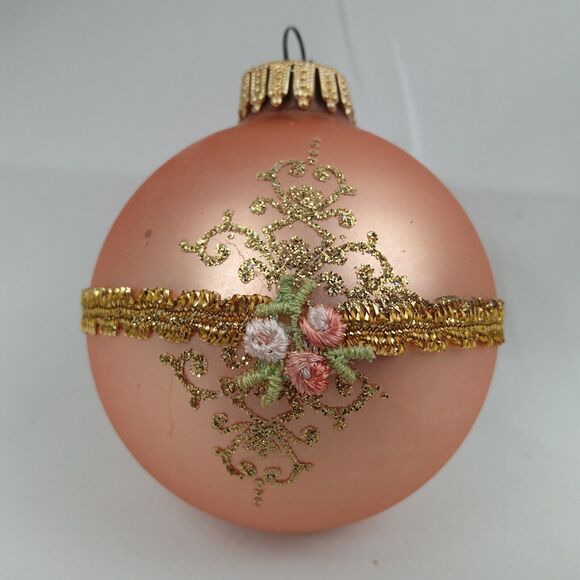 3 Box Vintage Glass Christmas Bell Round Ornaments Krebs Pink Gold Floral Ribbon - Picture 10 of 16